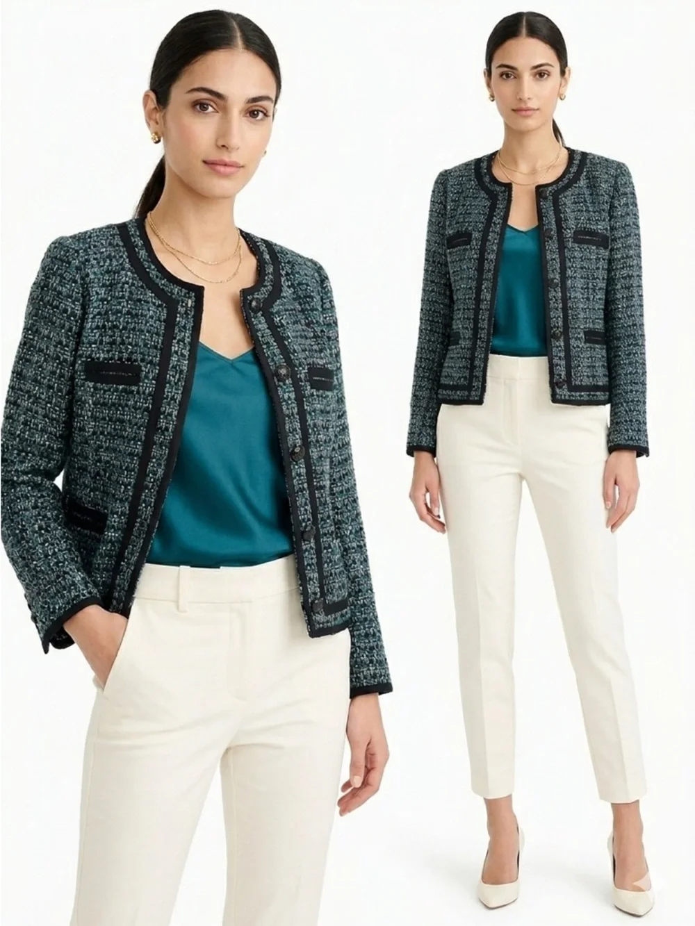 J.Crew teal & black tweed collarless jacket *shop@iamwarrior
